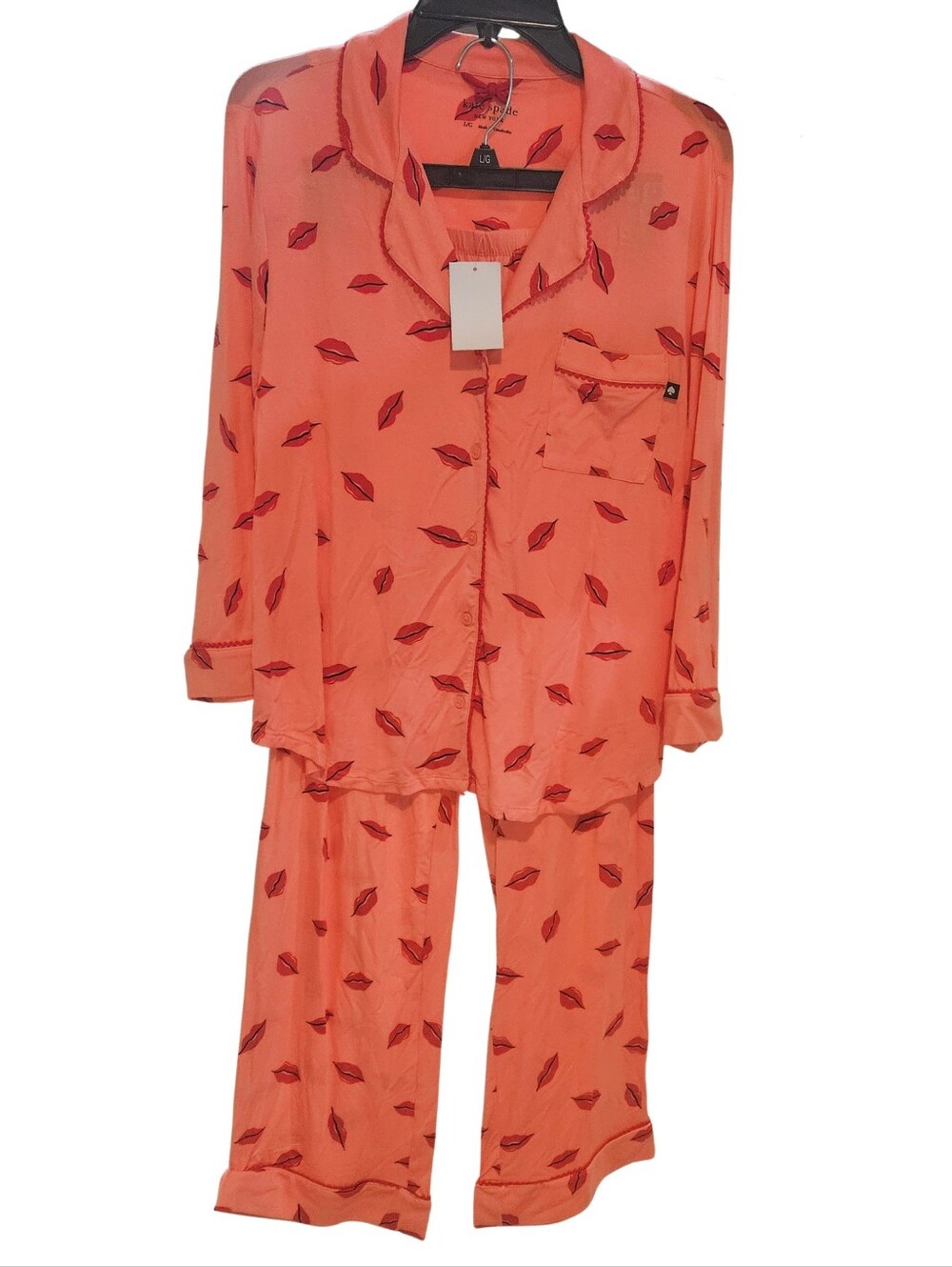 Kate Spade Pajama Set Dark Pink Kisses 3/4 Sleeve & Pants Valentine's Day NWT